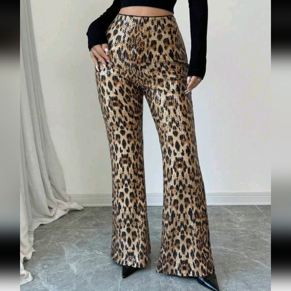 Fashionable Leopard Print High Waist Sequin Flared Pants For Autumn - Picture 4 of 5